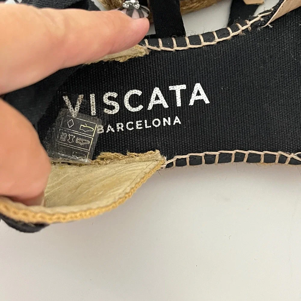 Viscata Espadrilles Women 38 Black Lace Up Ankle Tie Canvas Flats Handcrafted
